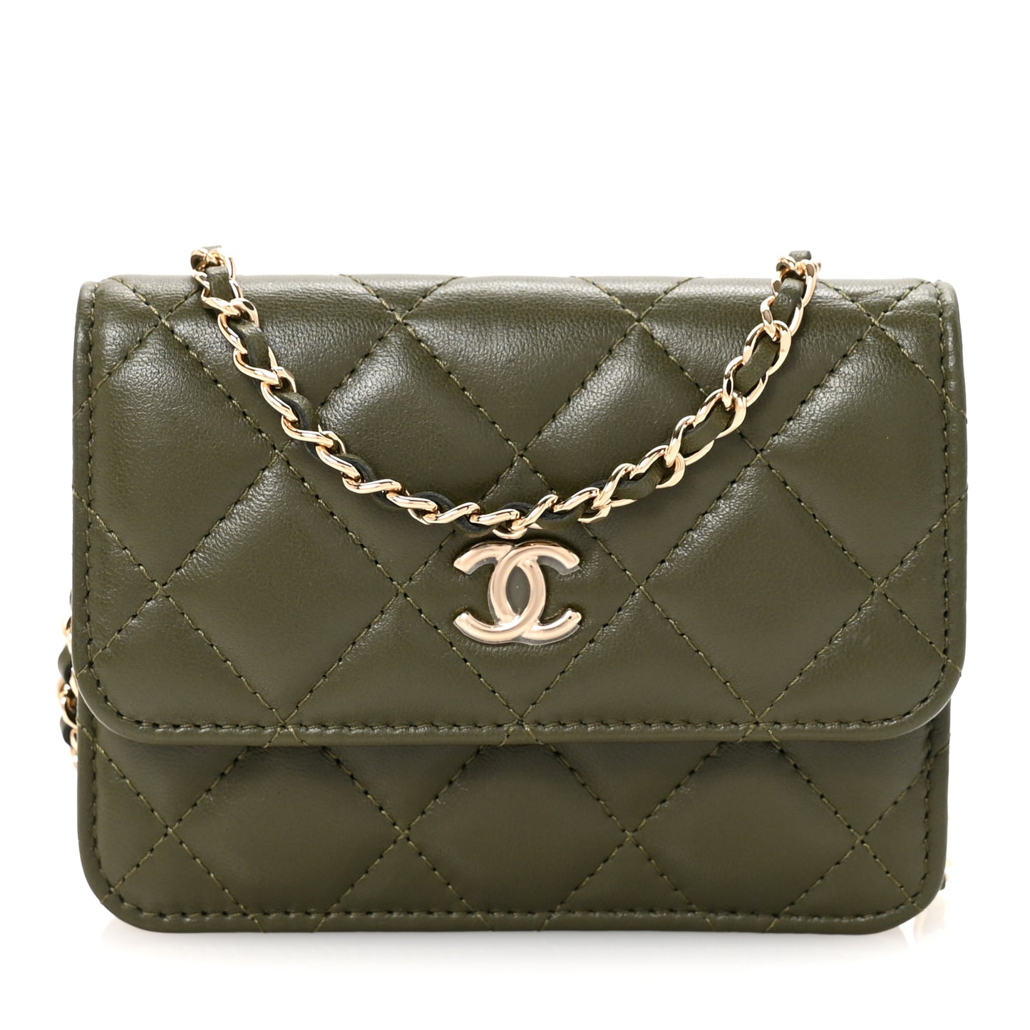 Lambskin Quilted Flap Chain Belt Bag Khaki