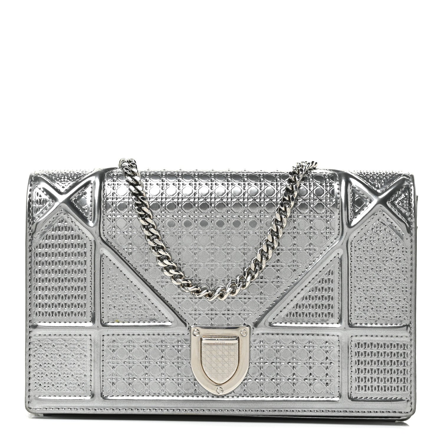 Christian Dior Metallic Patent Micro-Cannage Diorama Wallet on Chain Pouch Silver 1 of 19