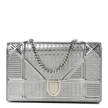 Christian Dior Metallic Patent Micro-Cannage Diorama Wallet on Chain Pouch Silver 1 of 19
