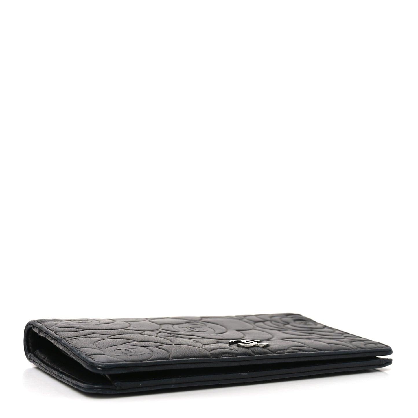 Lambskin Camellia Embossed Yen Wallet Black