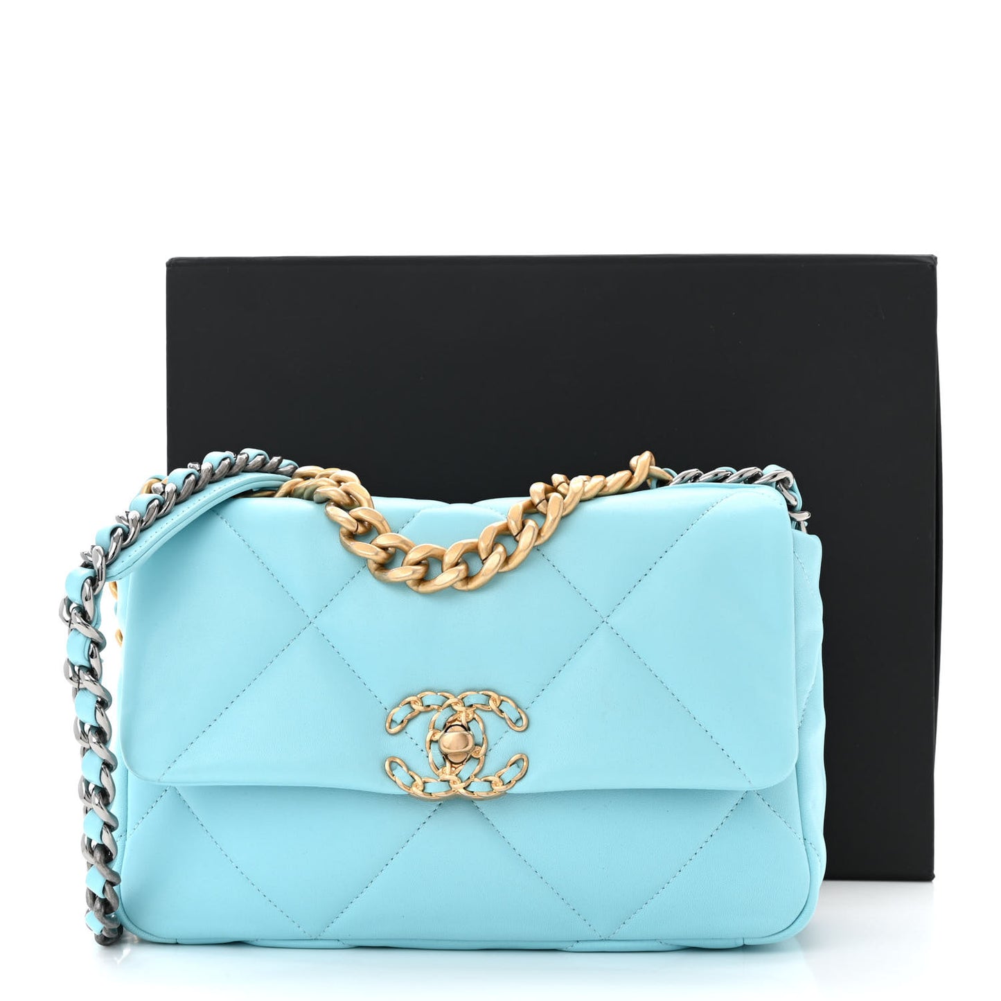 Shiny Lambskin Quilted Medium Chanel 19 Flap Light Blue