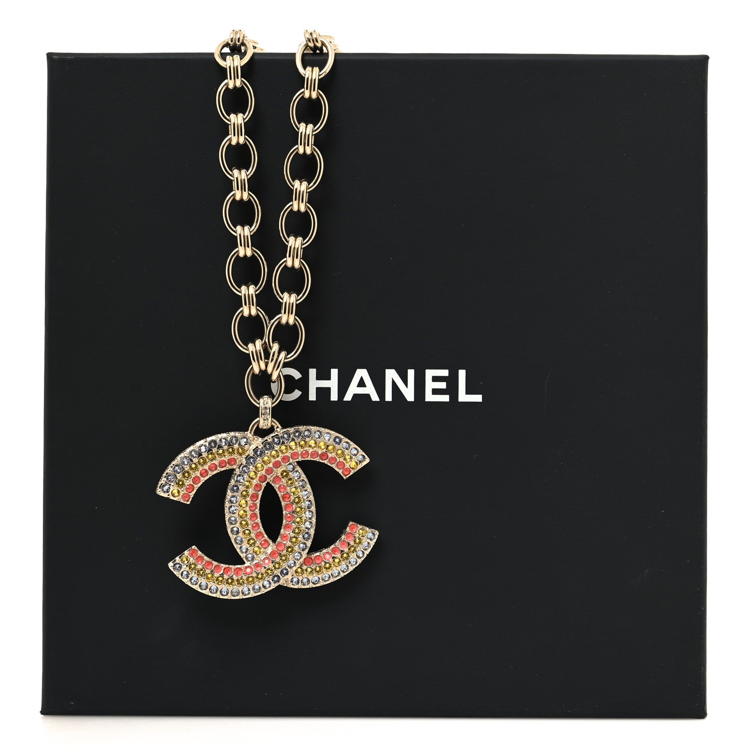 Chanel Crystal CC Long Pendant Necklace Gold Pink Yellow Blue 5 of 5
