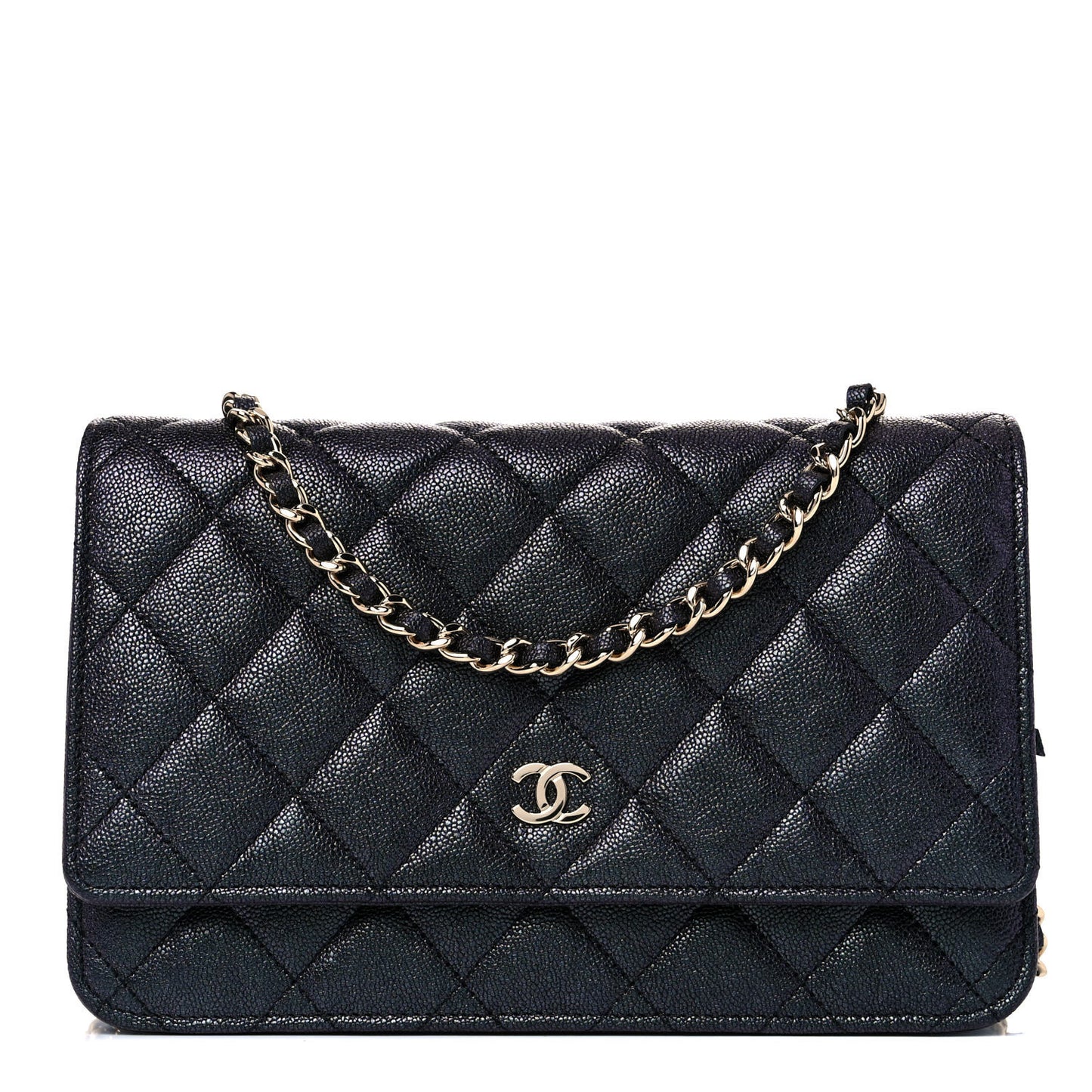 Iridescent Caviar Quilted Wallet On Chain WOC Black