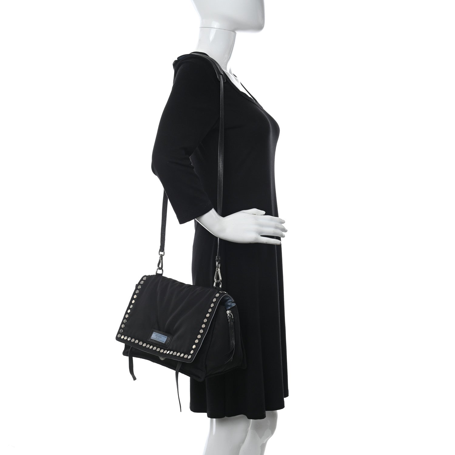 Prada Tessuto Nylon Studded Etiquette Flap Black 2 of 9