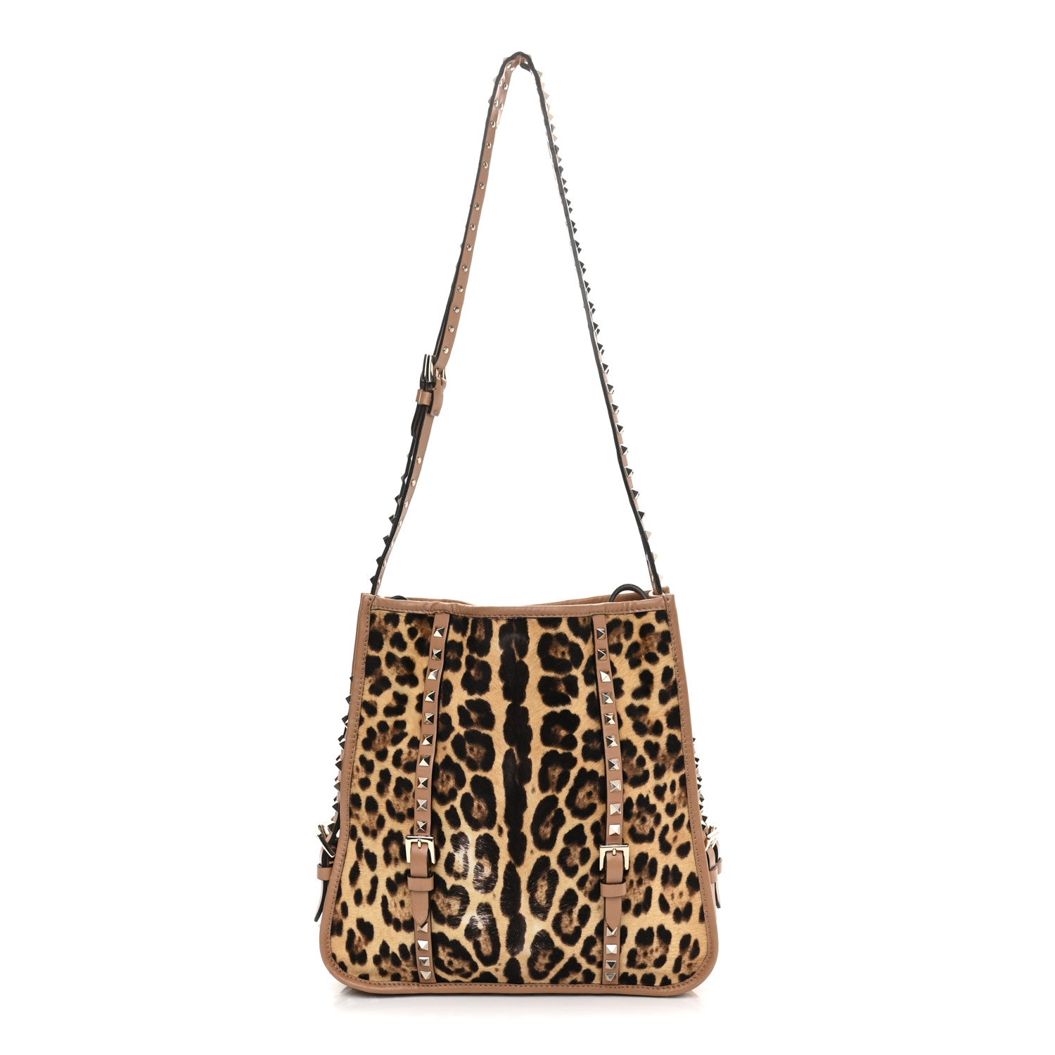 Valentino Garavani Calf Hair Leopard Print Rockstud Shopper Tote Tan 1 of 19