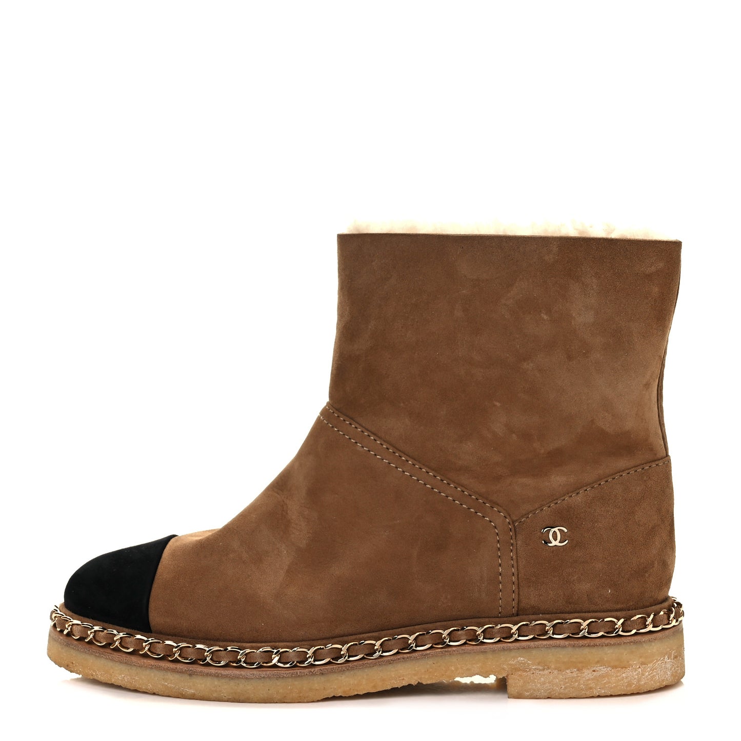 Kid Suede Shearling Womens Cap Toe Chain Short Boots 37 Light Brown Black