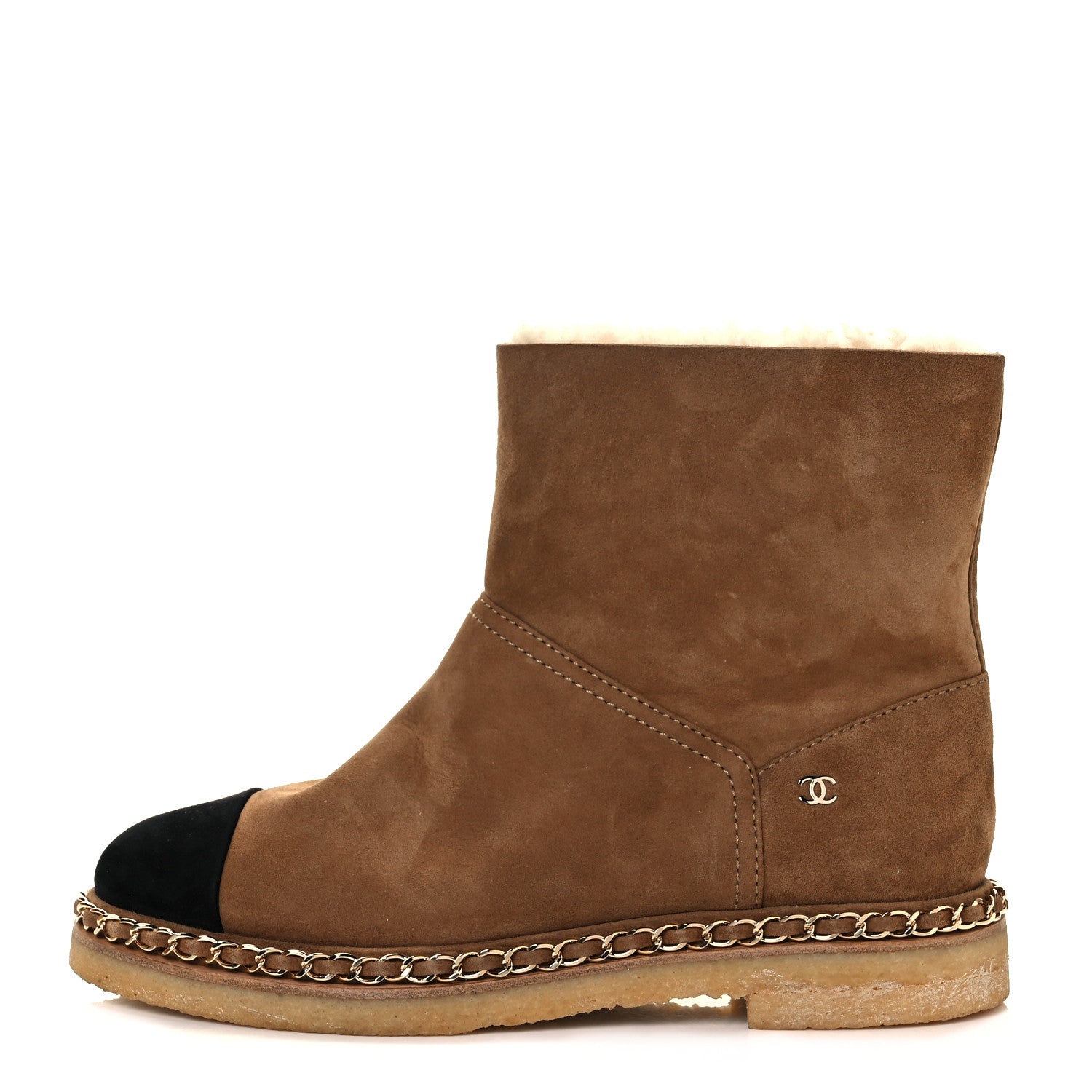 Chanel Kid Suede Shearling Womens Cap Toe Chain Short Boots 37 Light Brown Black 2 of 12