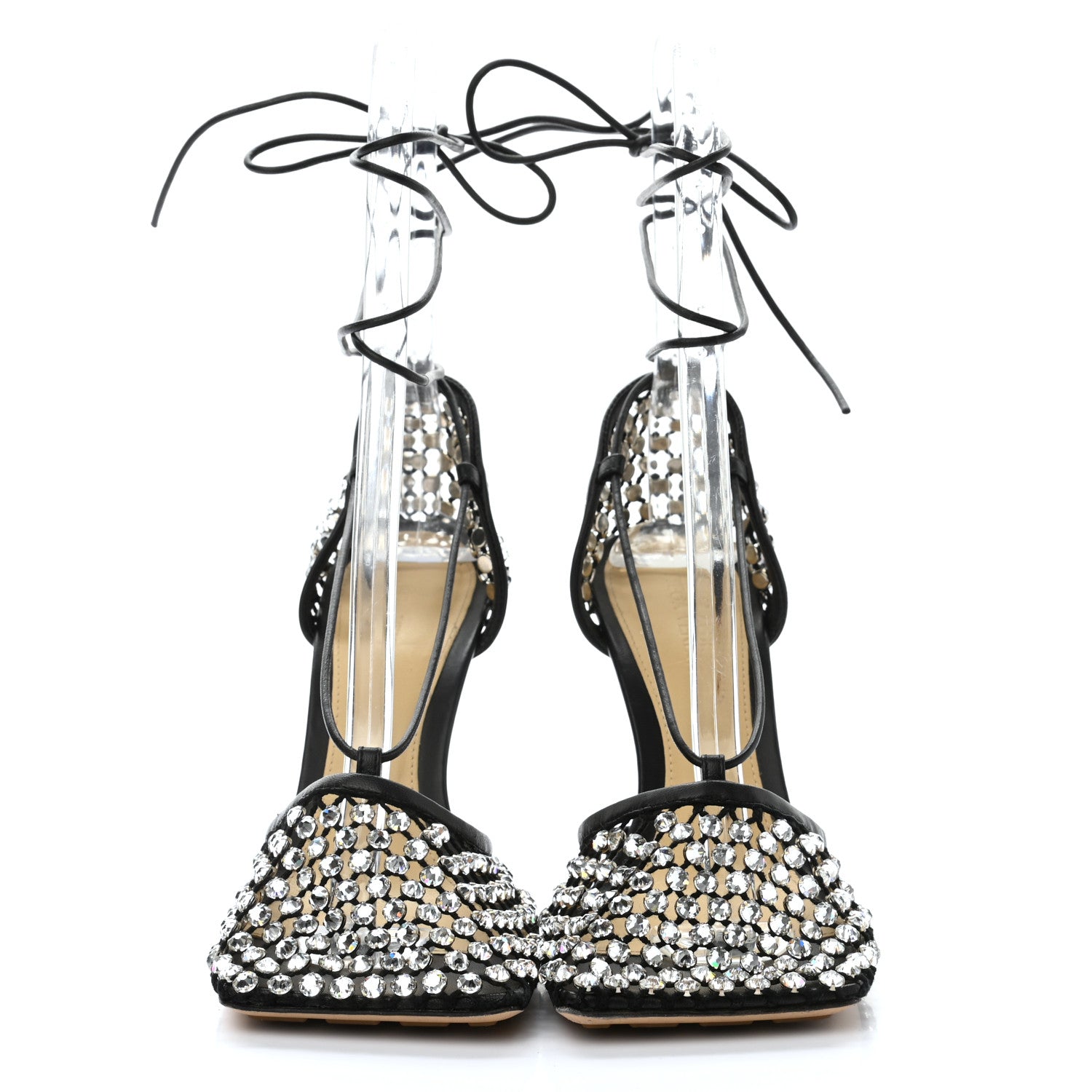 Bottega Veneta Mesh Nappa Crystal Embellished Sparkle Stretch Ankle Tie Sandals 39 Black 2 of 8