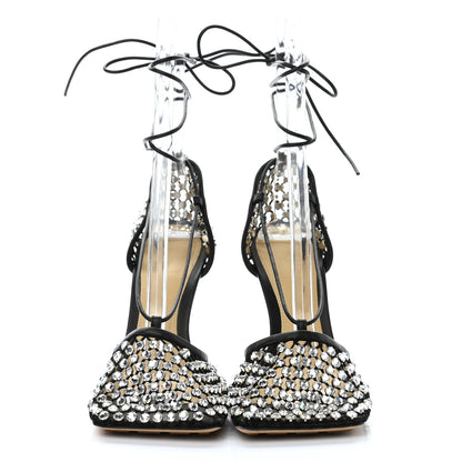 Bottega Veneta Mesh Nappa Crystal Embellished Sparkle Stretch Ankle Tie Sandals 39 Black 2 of 8