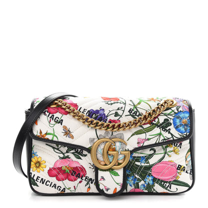Gucci X BALENCIAGA Canvas Flora Logo Print Diagonal Matelasse Small GG Marmont Shoulder Bag White 1 of 11