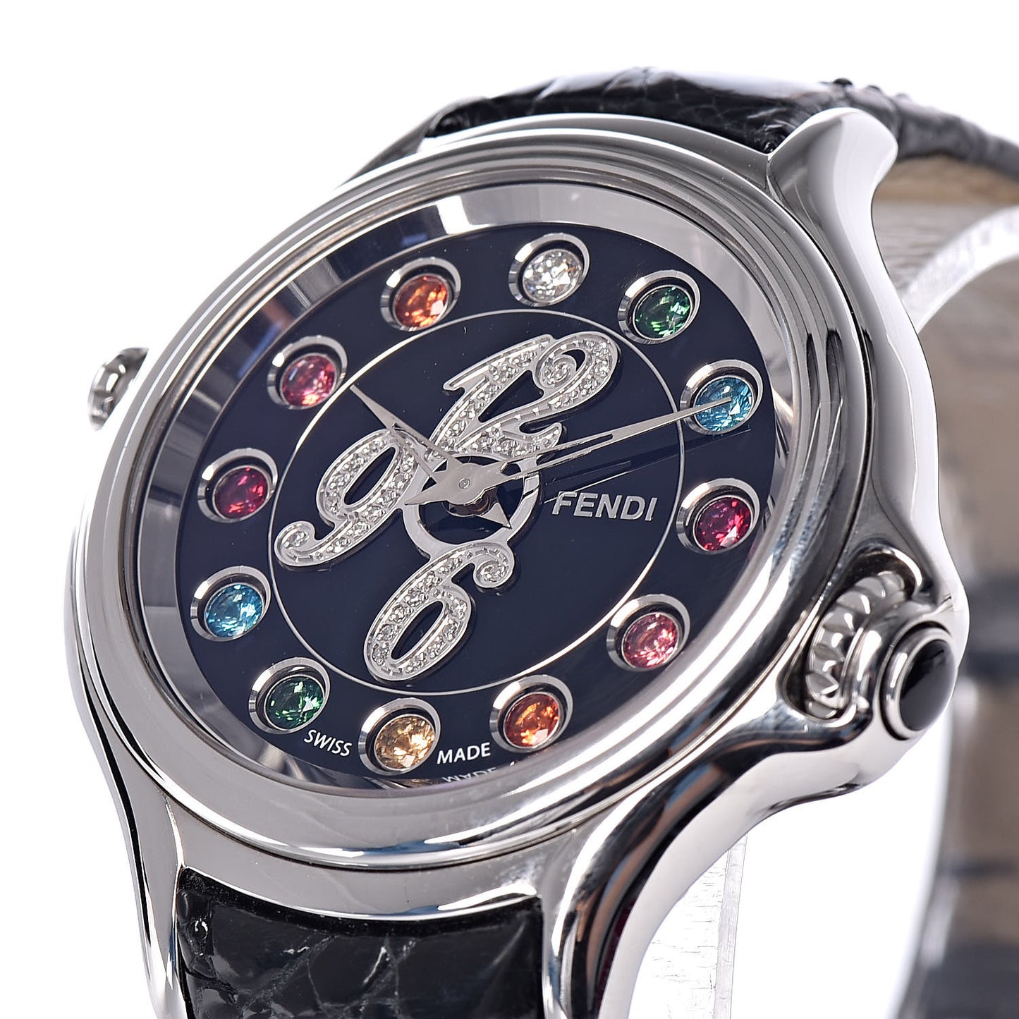 Stainless Steel Calfskin Diamond Topaz 33mm Crazy Carats Rotating Gem Quartz Watch Black