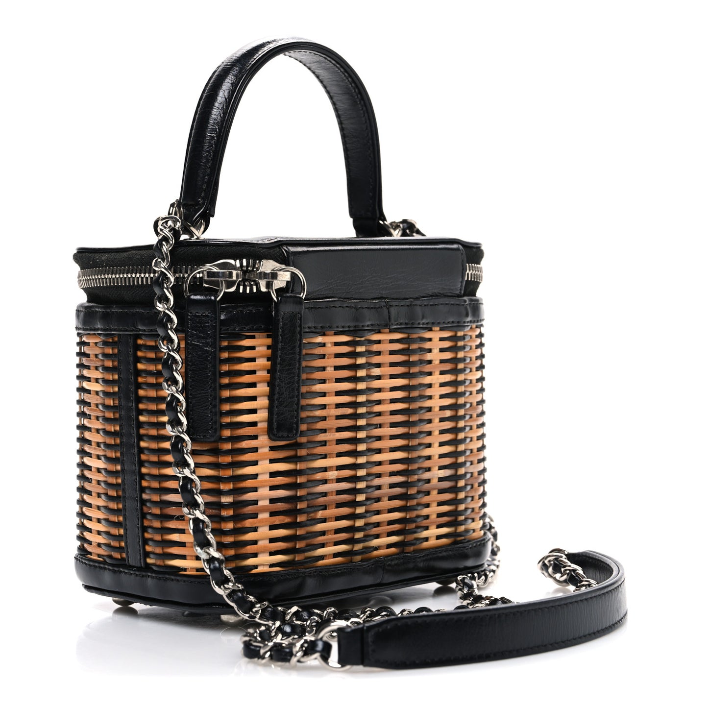 Calfskin Raffia Small Vanity Case Bag Black Beige