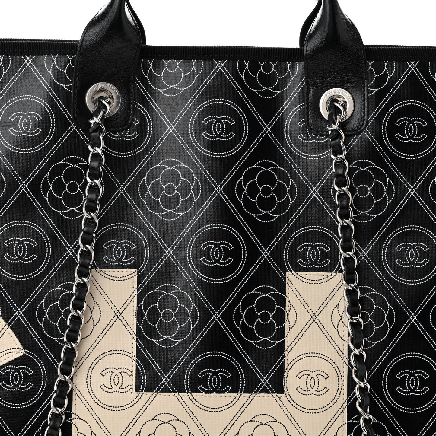 Coated Canvas Camellia Large Shopping Tote Black Beige