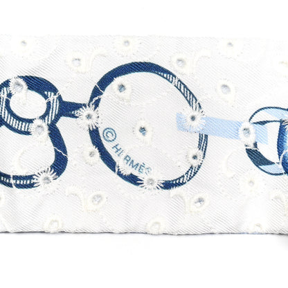 Hermes Silk Embroidered Do Re Boucles Broderie Anglaise Twilly Bleu White Marine 3 of 4