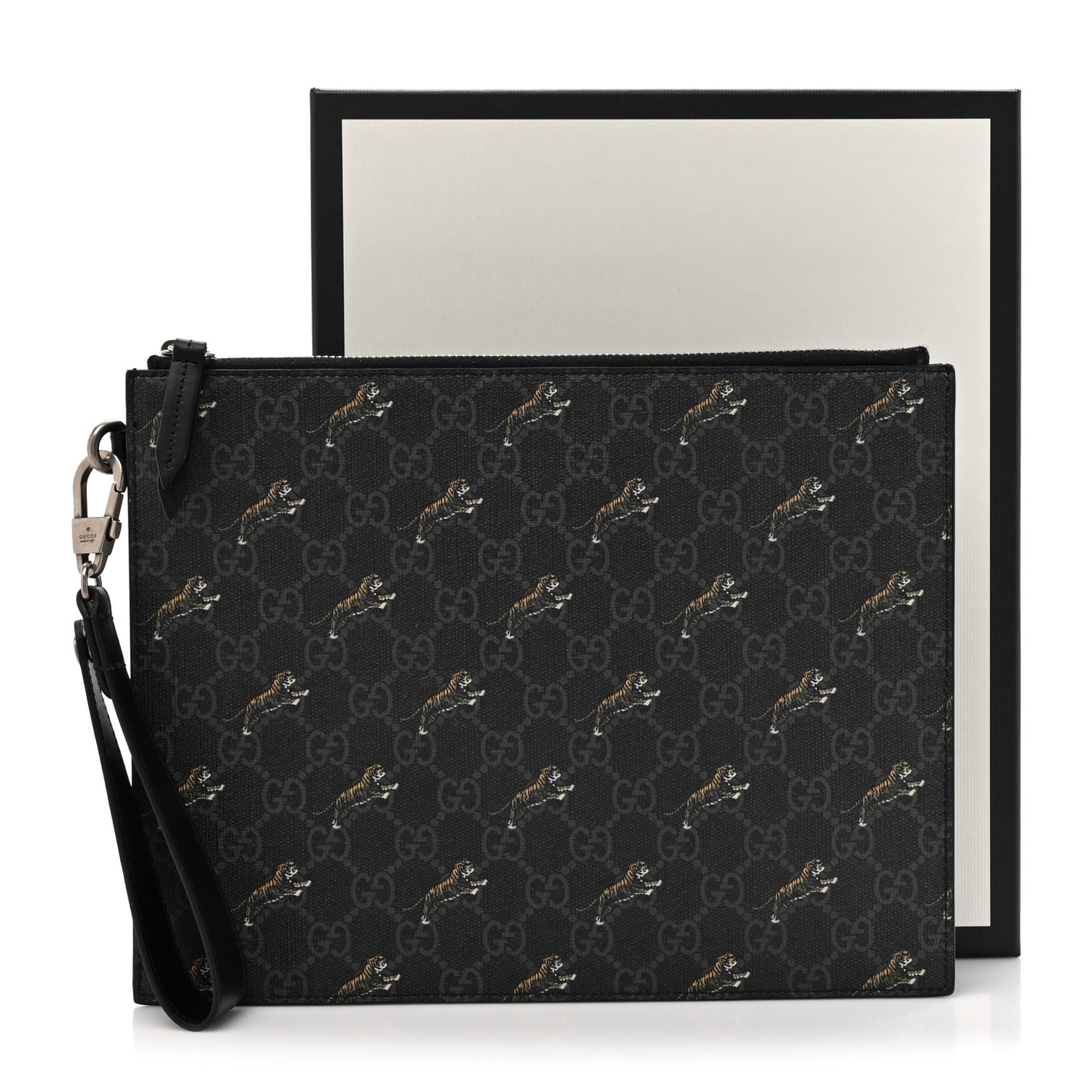 GG Supreme Monogram Tigers Zip Wristlet Pouch Black