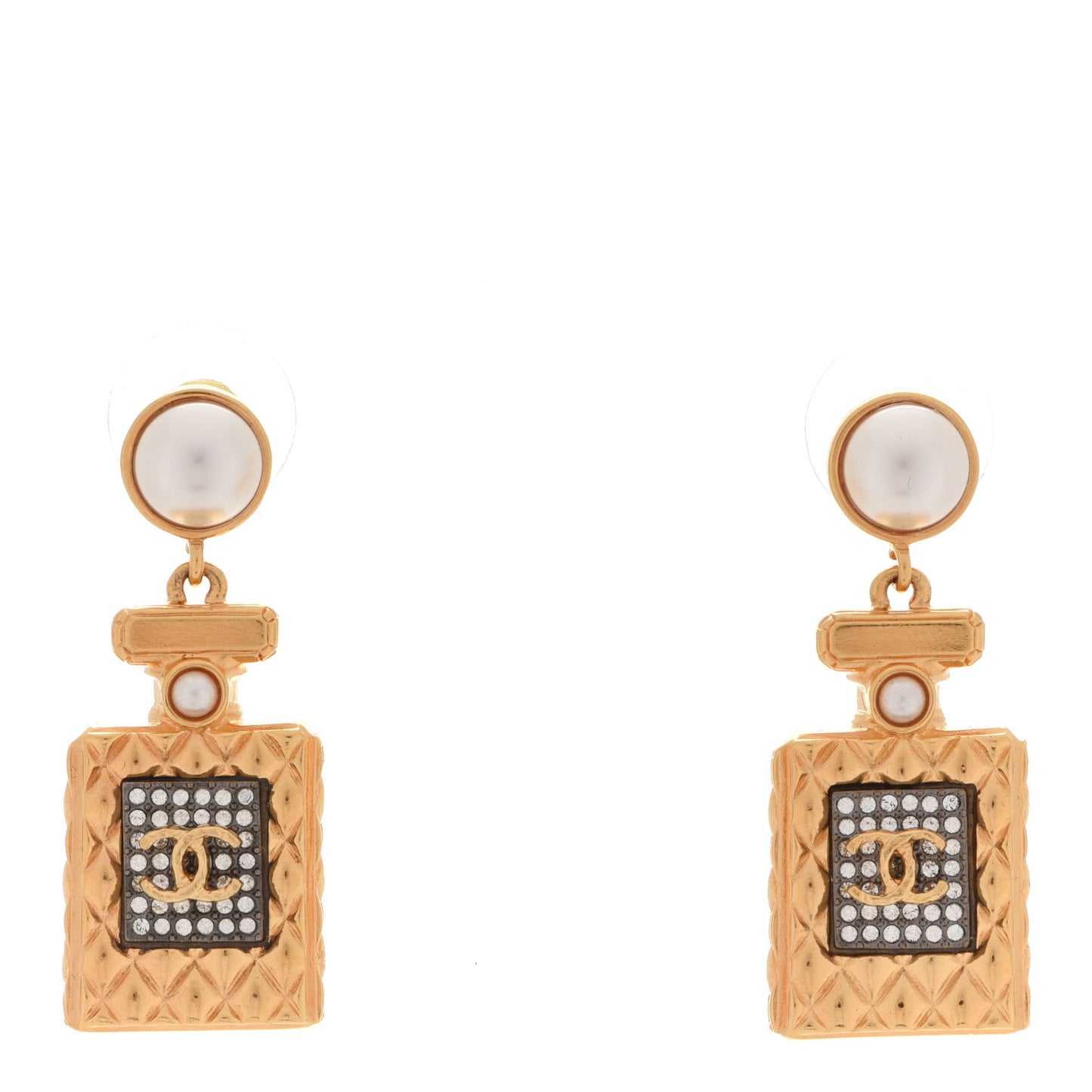 Crystal Pearl CC Perfume Bottle Drop Earrings Gold