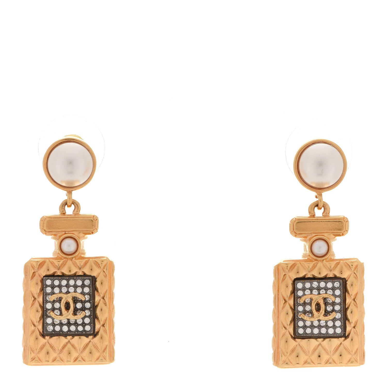 Chanel Crystal Pearl CC Perfume Bottle Drop Earrings Gold 1 of 5