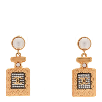 Chanel Crystal Pearl CC Perfume Bottle Drop Earrings Gold 1 of 5