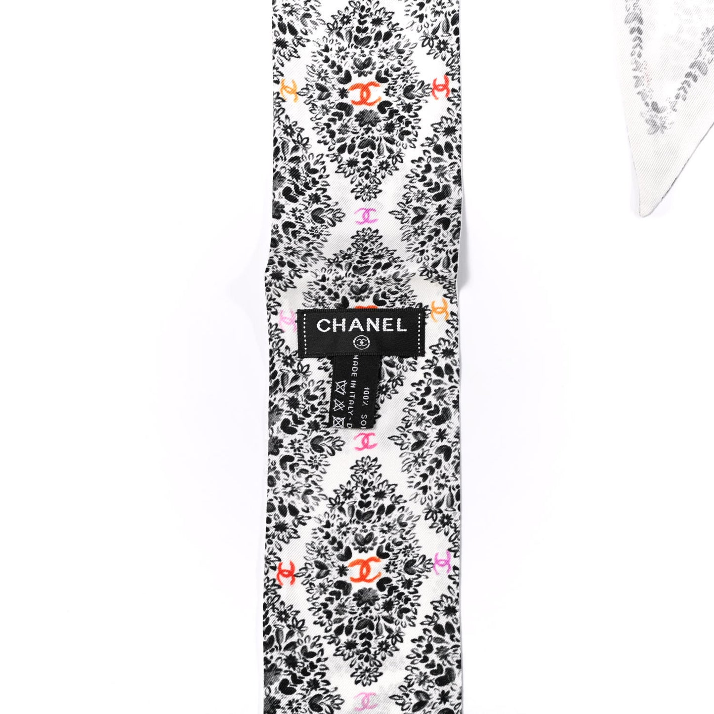 Silk Logo Floral Slim Bandeau Scarf Black White