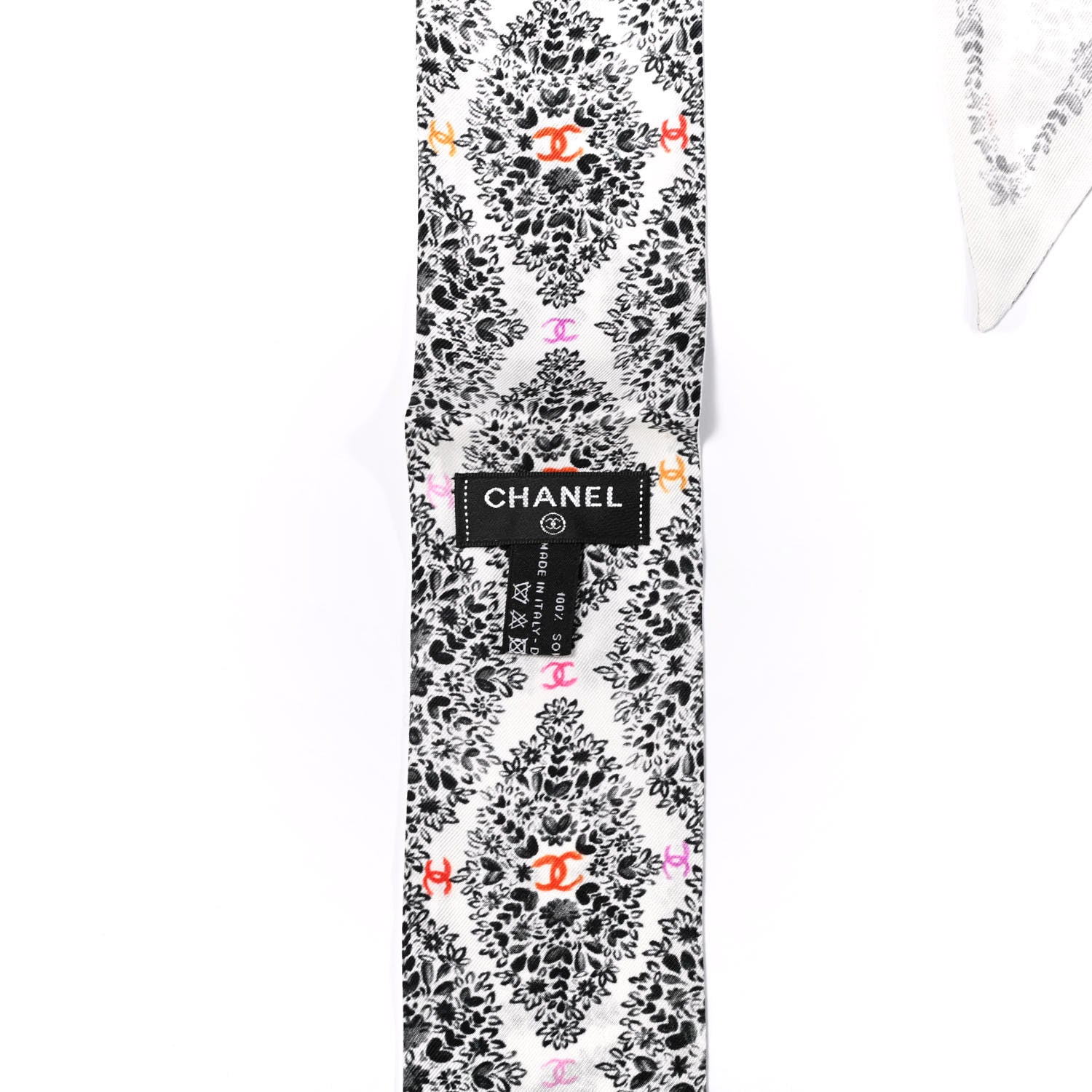 Chanel Silk Logo Floral Slim Bandeau Scarf Black White 2 of 2