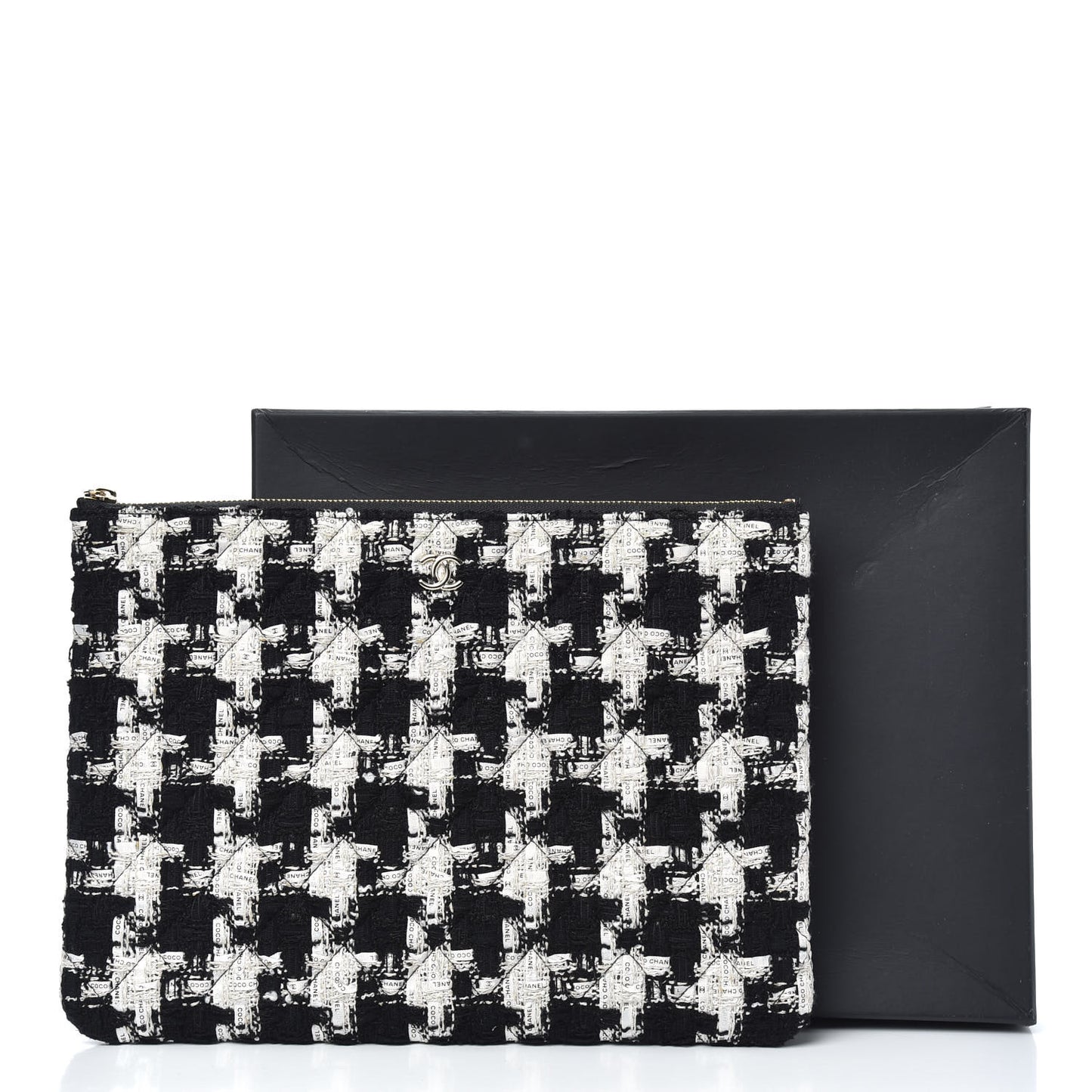 Tweed Quilted Medium Cosmetic Pouch Black Ecru White
