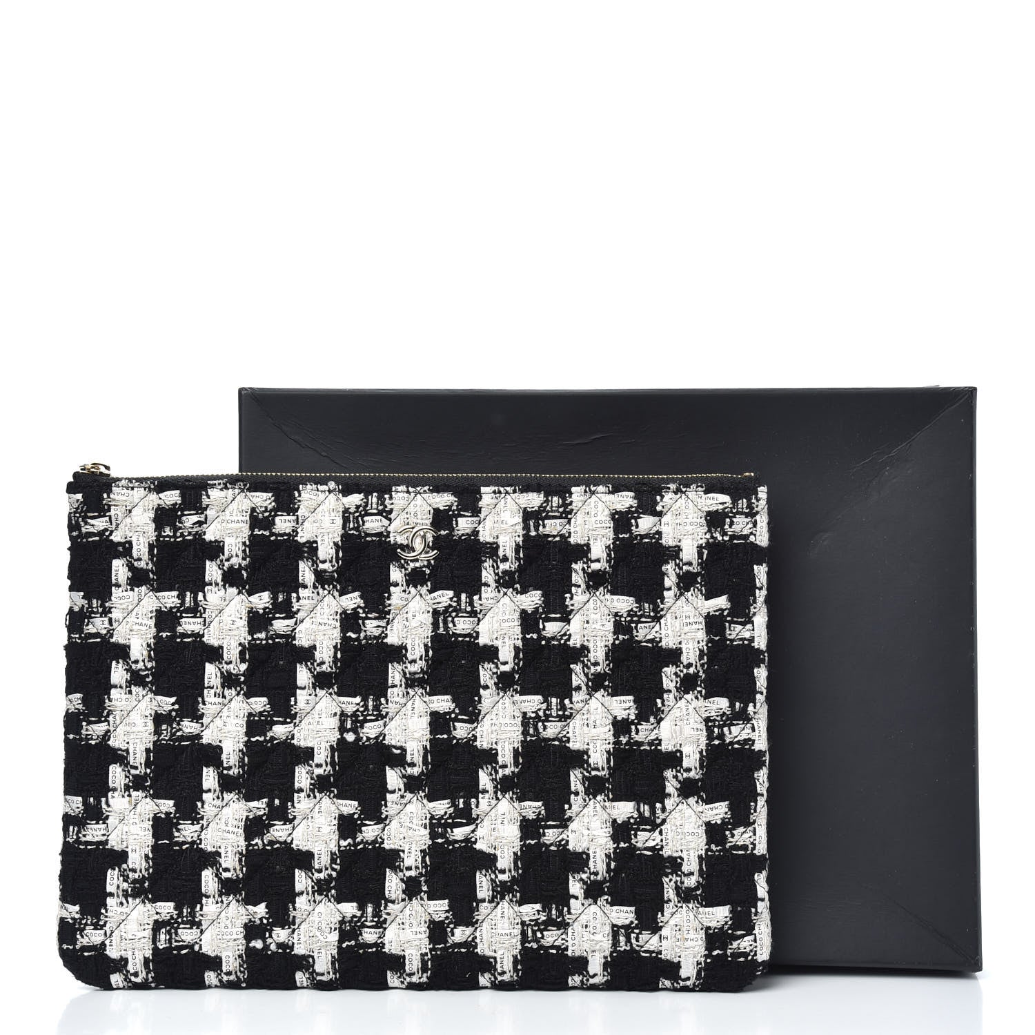 Chanel Tweed Quilted Medium Cosmetic Pouch Black Ecru White 8 of 8