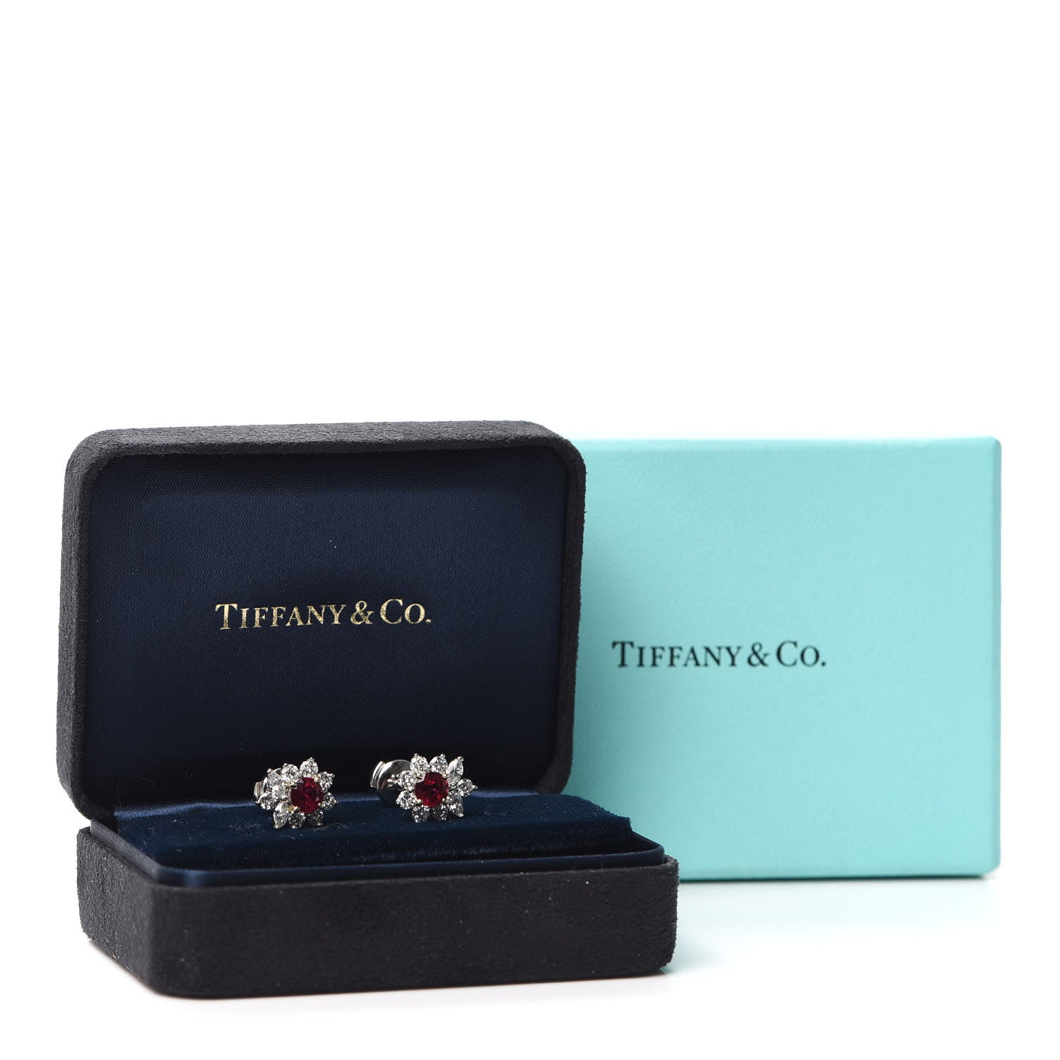 Tiffany Platinum Diamond Ruby Flower Stud Earrings 5 of 5