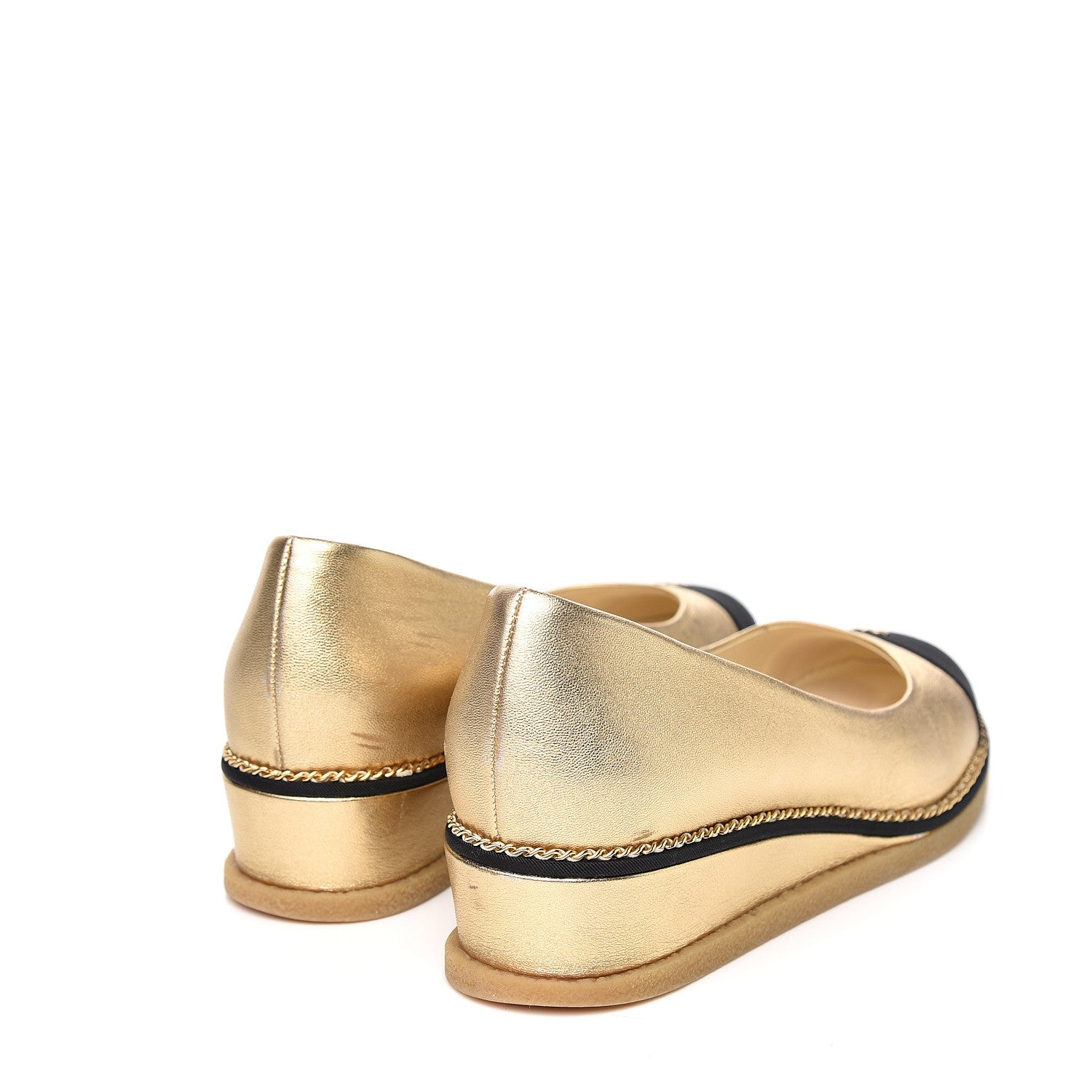 Chanel Lambskin Grosgrain Cap Toe CC Wedge Pumps 39.5 Gold 4 of 10