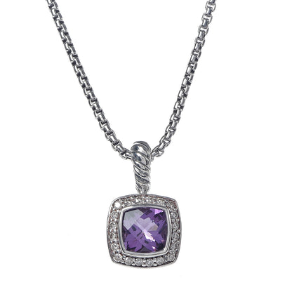 David Yurman Sterling Silver Diamond Amethyst 7mm Petite Albion Pendant Necklace 4 of 6