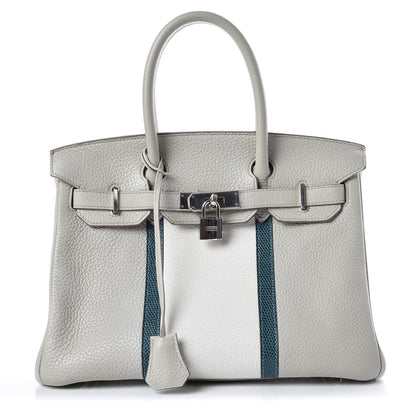 Hermes Taurillon Clemence Lizard Club Birkin 30 Gris Perle White Mykonos 1 of 38