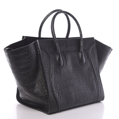 Celine Crocodile Embossed Calfskin Medium Phantom Luggage Black 3 of 9