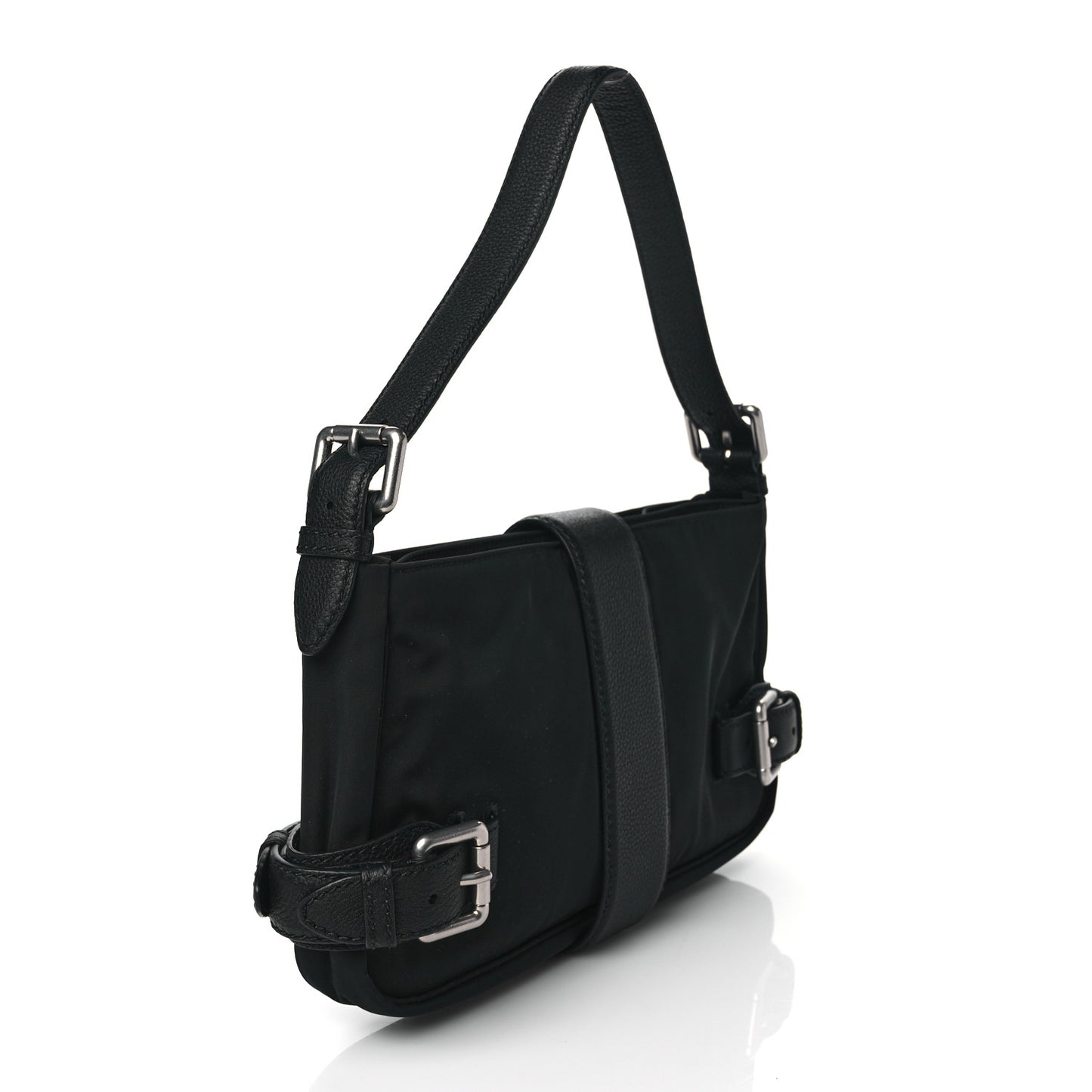 Nylon Grained Calfskin Mini Buckle Shoulder Bag Black