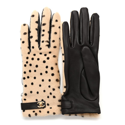 Chanel Lambskin Ponyhair Gloves 7.5 Beige Black 1 of 5