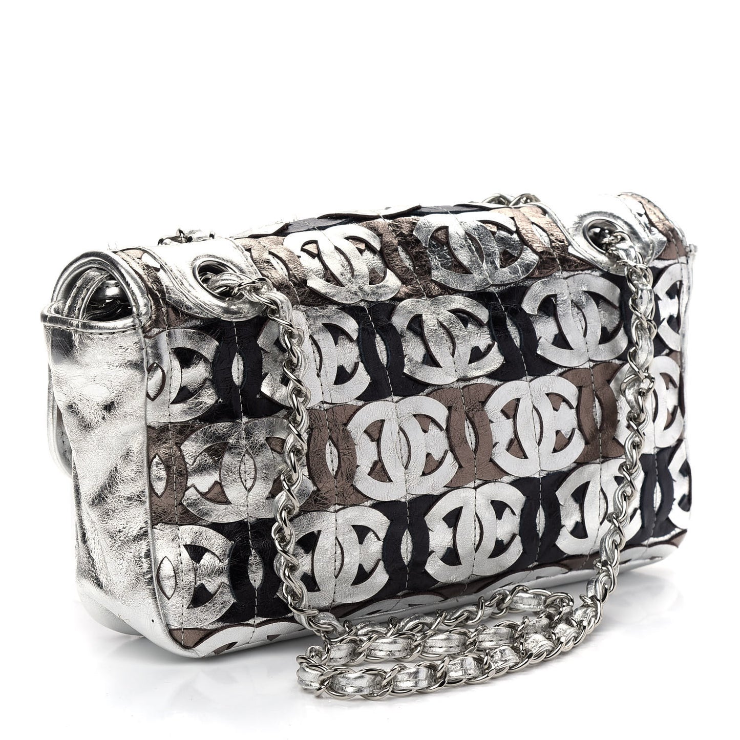 Metallic Crackled Calfskin Medium CC Mix Flap Silver Gold