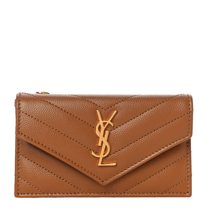 Saint Laurent Grain De Poudre Matelasse Chevron Monogram Compact Wallet Natural Dark 1 of 12