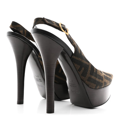 Fendi Zucca Slingback Platform Peep Toe Pumps 37.5 Tobacco Black 5 of 8