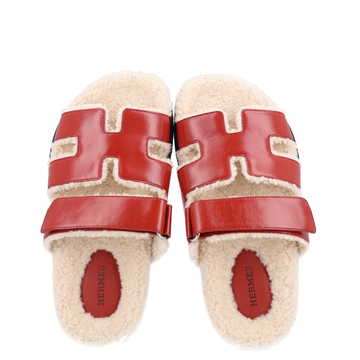 Hermes Glazed Nappa Woolskin Womens Chypre Sandals 36 Rouge Sanguine Ecru 2 of 9
