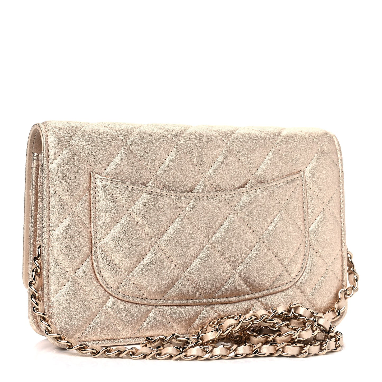 Metallic Lambskin Quilted Wallet On Chain WOC Gold