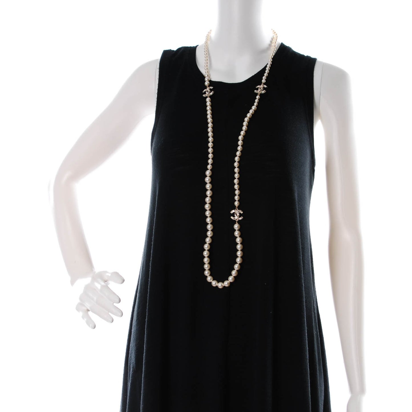 Graduated Pearl Crystal CC Long Necklace Gold Black