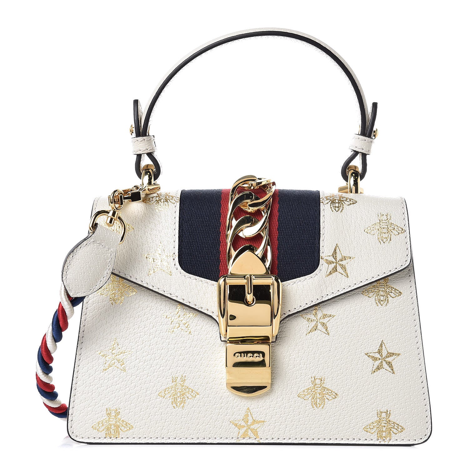 Gucci Textured Calfskin Bee Star Print Mini Sylvie Top Handle Bag Mystic White 1 of 8