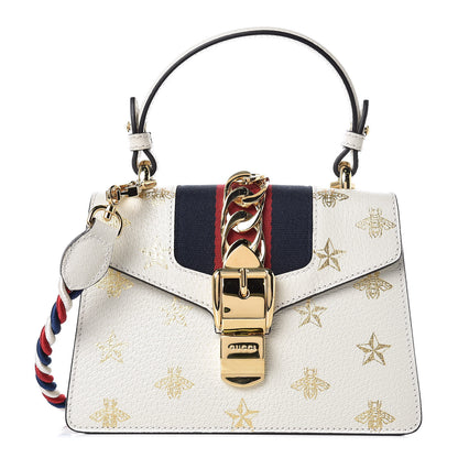 Gucci Textured Calfskin Bee Star Print Mini Sylvie Top Handle Bag Mystic White 1 of 8
