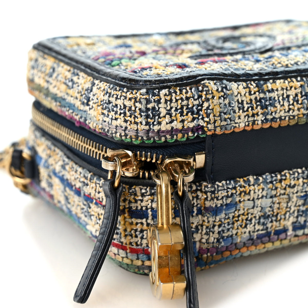 Tweed Snakeskin Quilted Small CC Filigree Vanity Case Navy Multicolor