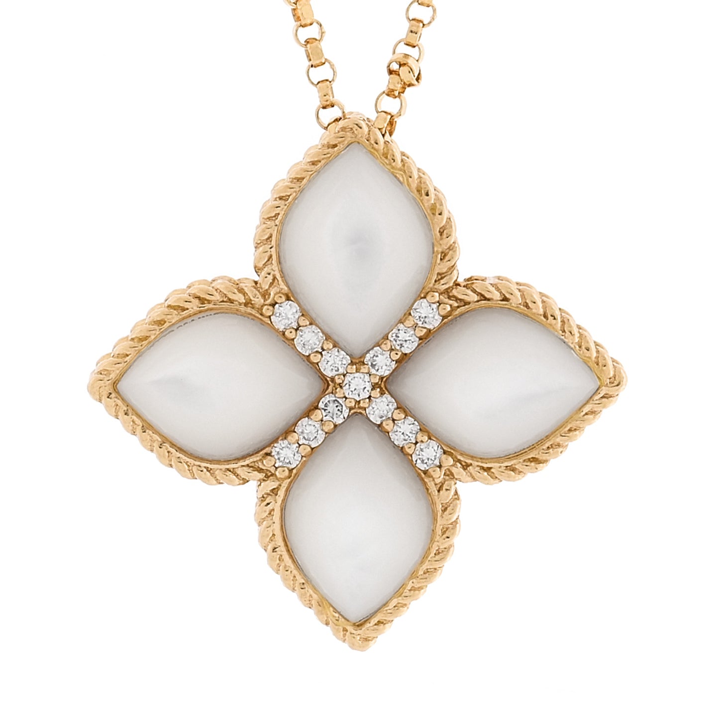 18K Yellow Gold Diamond Mother of Pearl Venetian Princess Medium Flower Pendant Necklace