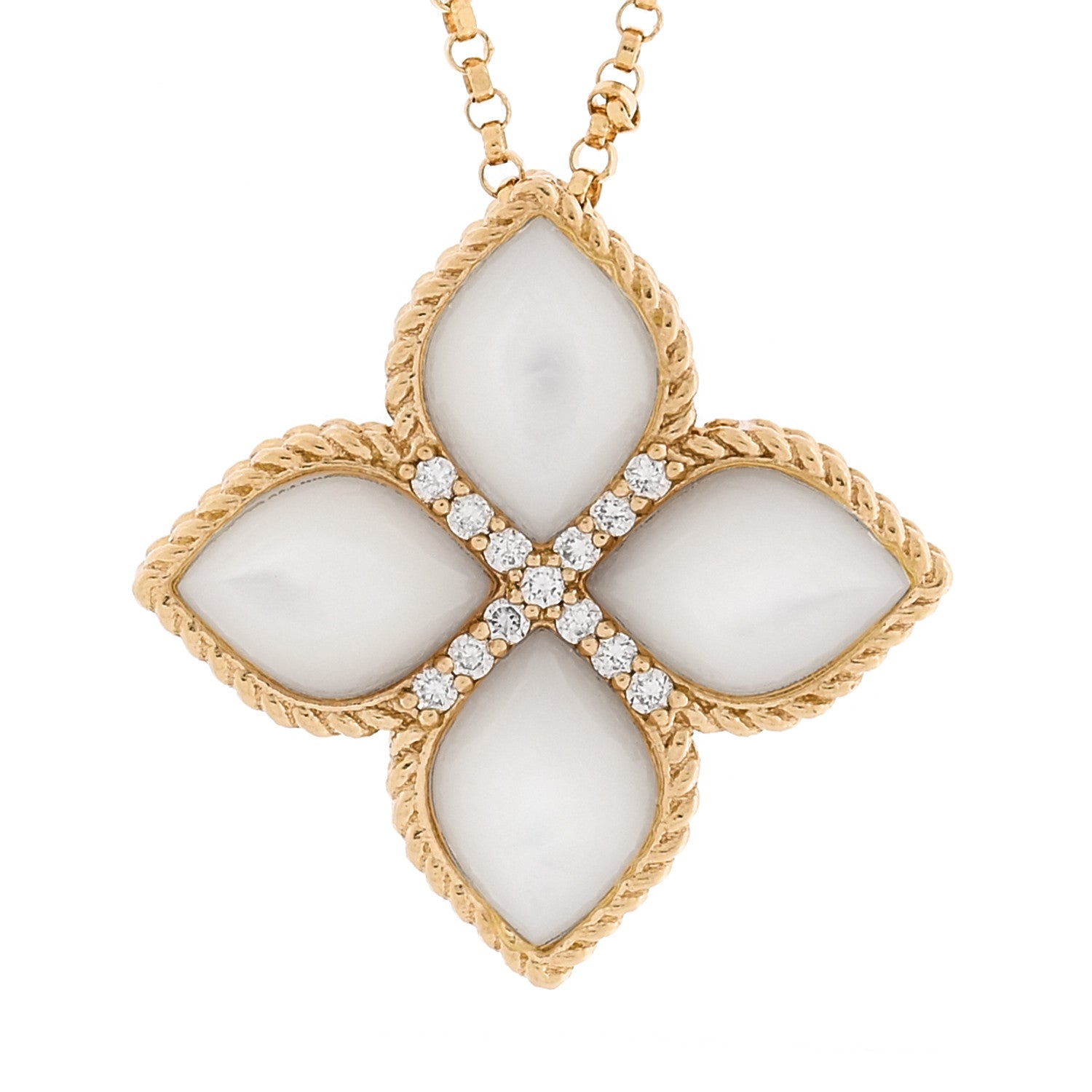 Roberto Coin 18K Yellow Gold Diamond Mother of Pearl Venetian Princess Medium Flower Pendant Necklace 4 of 7
