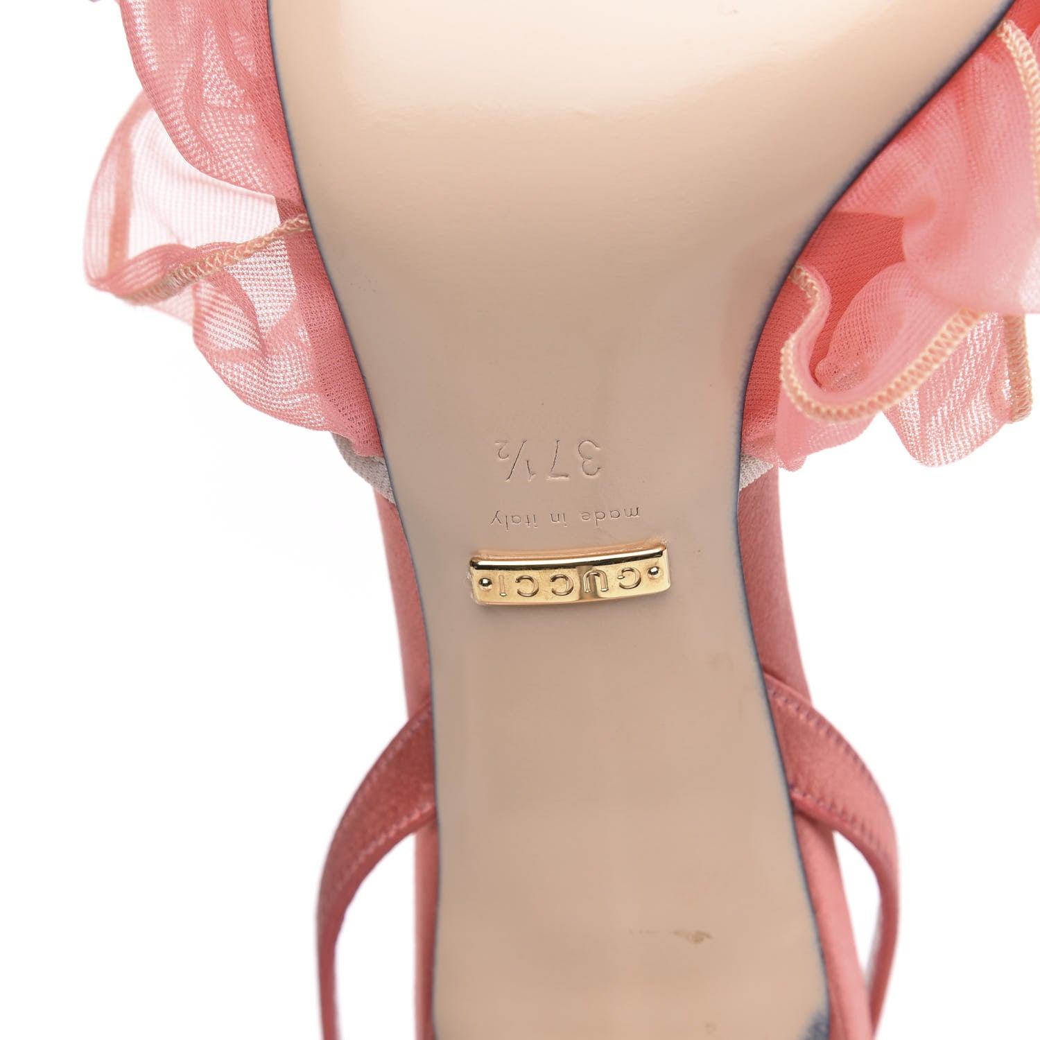 Gucci Tulle Ruffle Mid Heel Slingback Sandals 37.5 Peach White 6 of 13