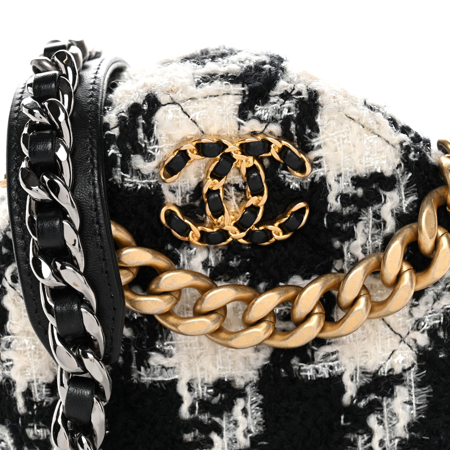 Wool Tweed Lambskin Quilted Chanel 19 Round Clutch With Chain and Coin Purse Black White Ecru