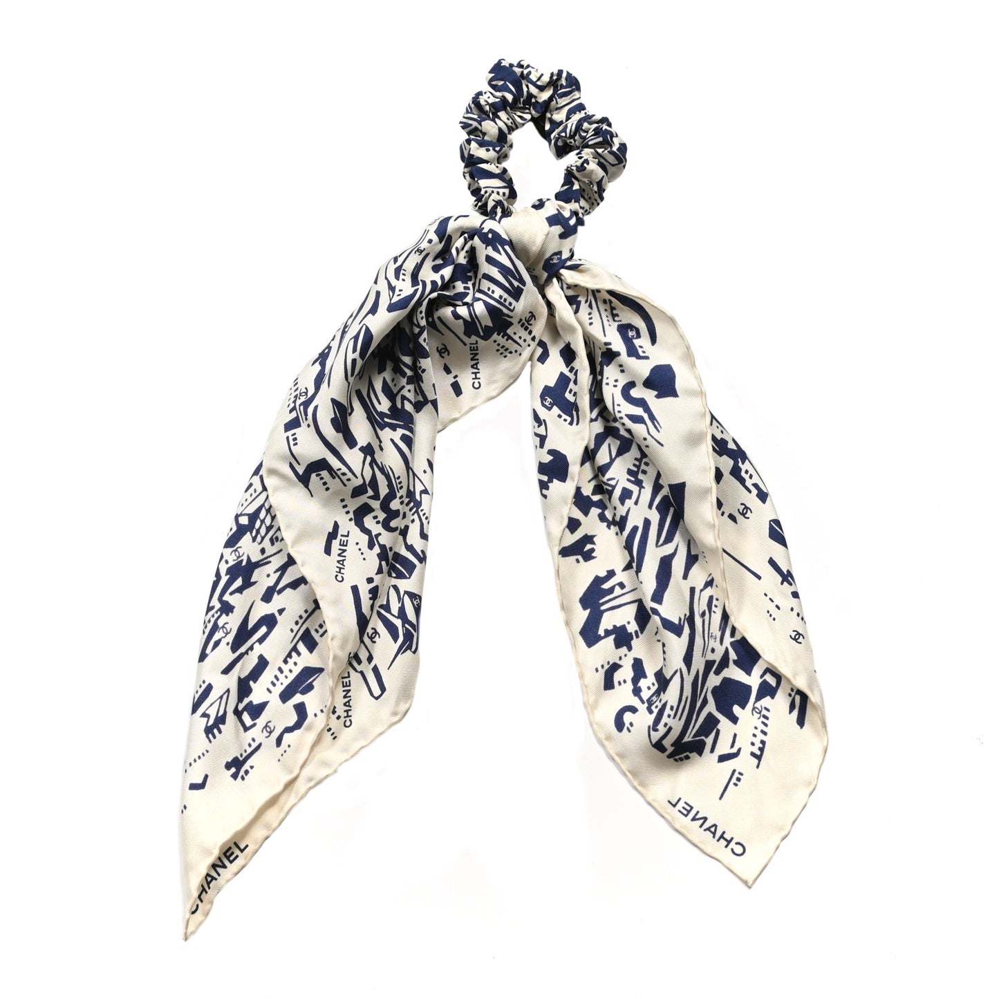 Silk Twill Hair Scarf Navy Blue White