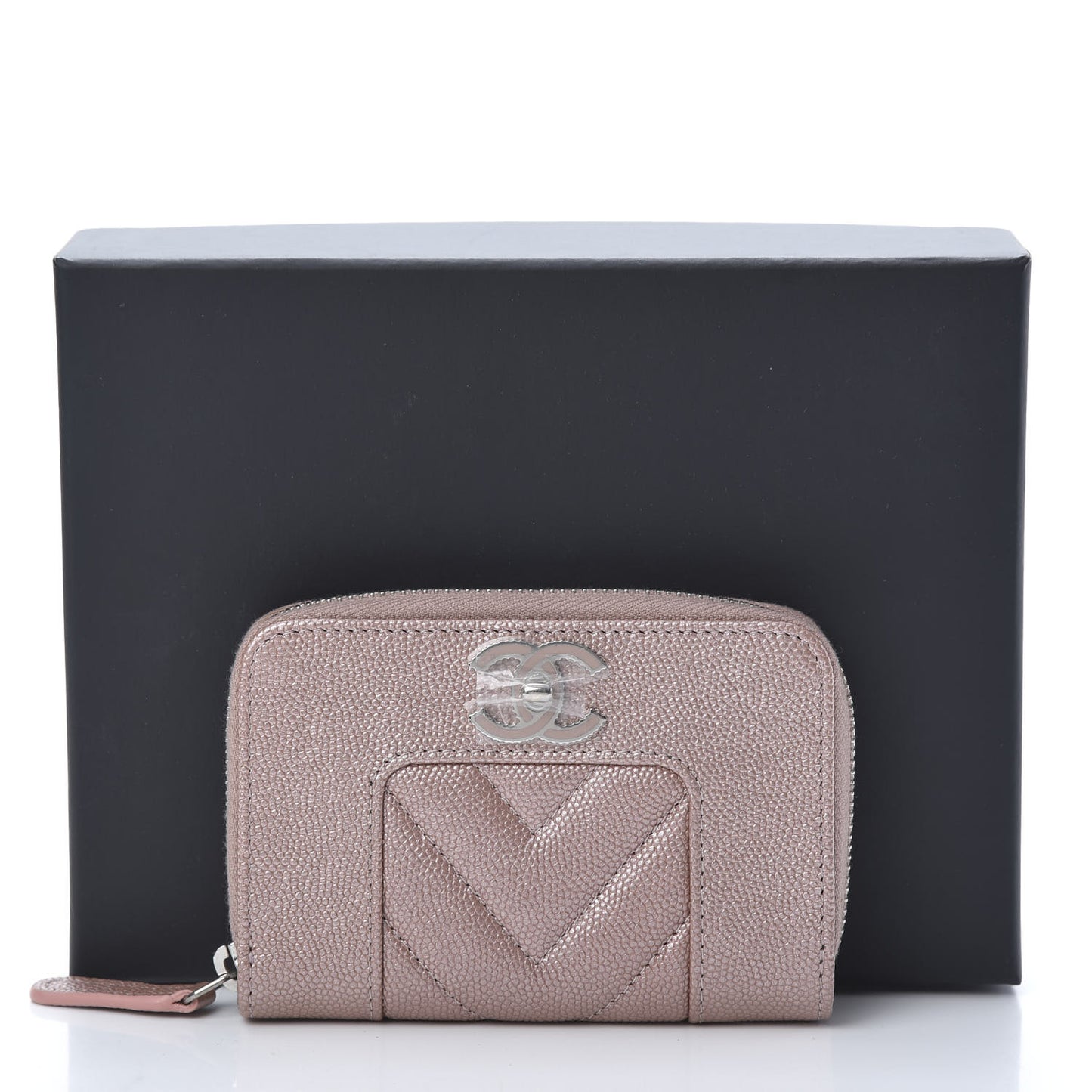 Metallic Caviar Chevron Quilted Vintage Mademoiselle Zip Coin Purse Pink