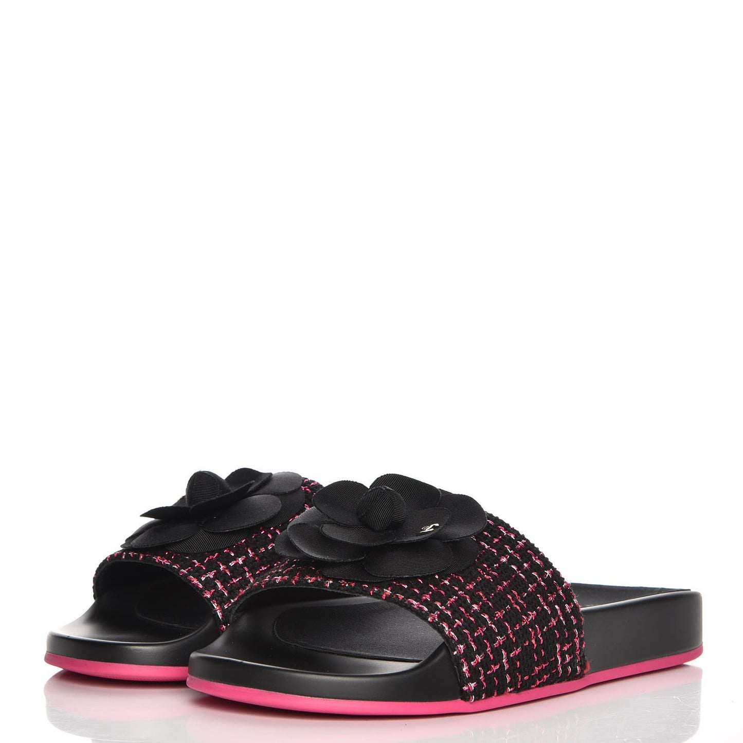Tweed Grosgrain Camellia CC Flat Mules 37 Black Pink