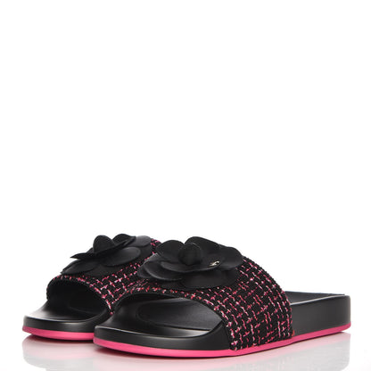Chanel Tweed Grosgrain Camellia CC Flat Mules 37 Black Pink 3 of 9